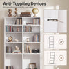 16-compartment white CD storage unit with 12 adjustable shelves and dual anti-toppling devices for enhanced safety.
