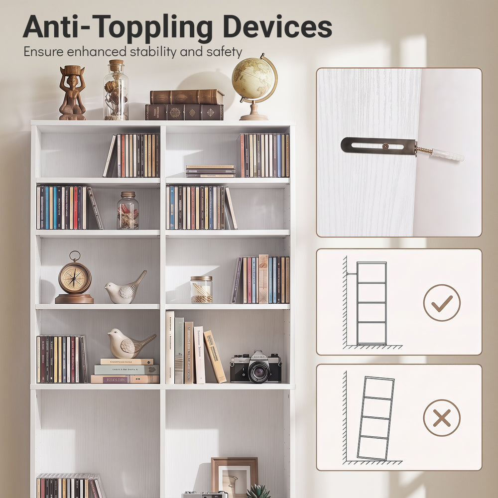 16-compartment white CD storage unit with 12 adjustable shelves and dual anti-toppling devices for enhanced safety.