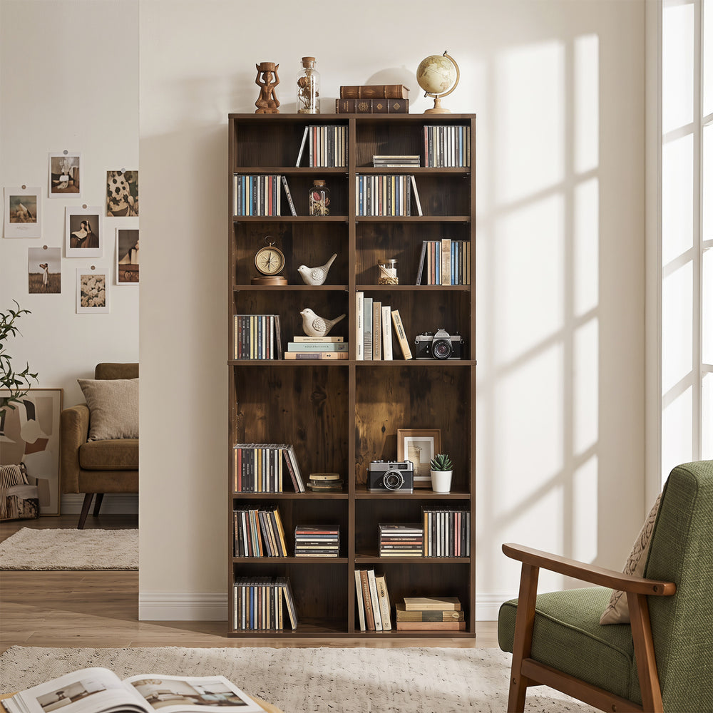 16 Compartment CD Storage Unit 54" Freestanding Open Display Shelf with 12 Removable Shelves-Brown - Gallery View 1 of 10