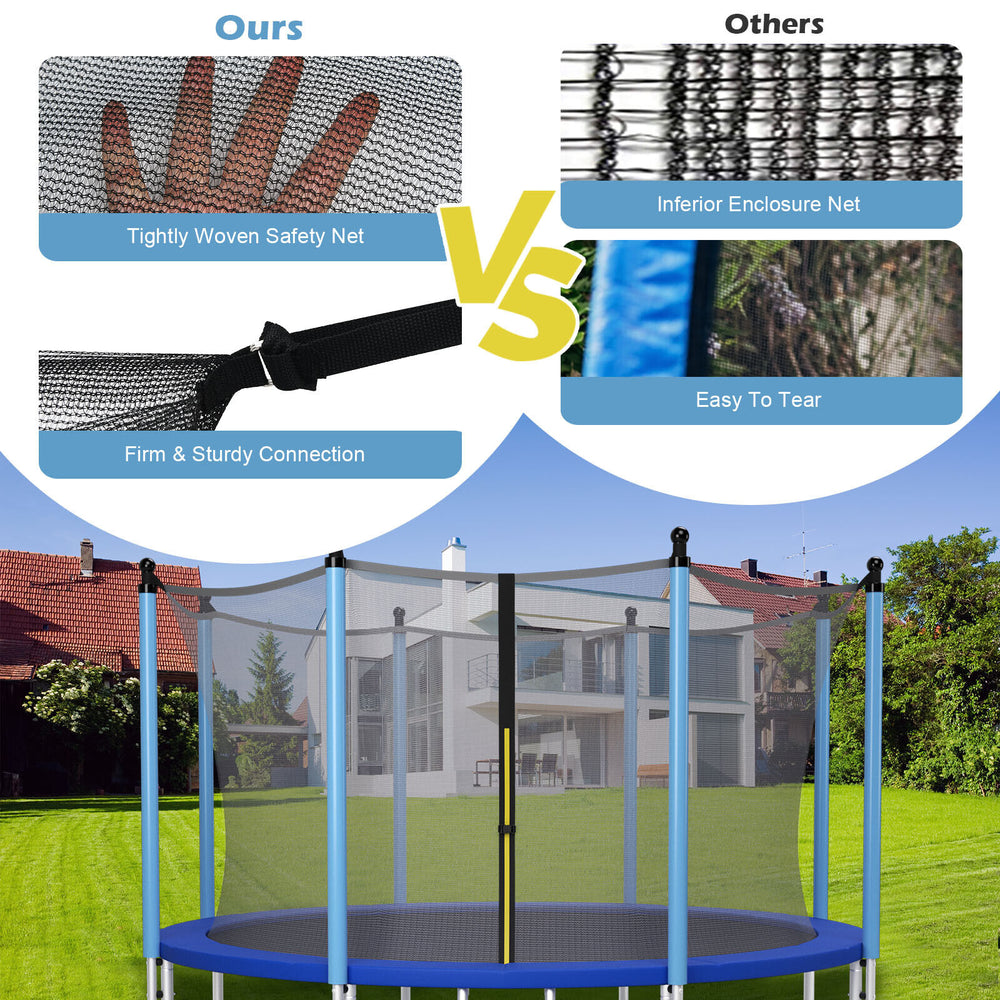 Replacement safety net for 15/16 ft trampoline, made of durable PE material, featuring adjustable straps and.