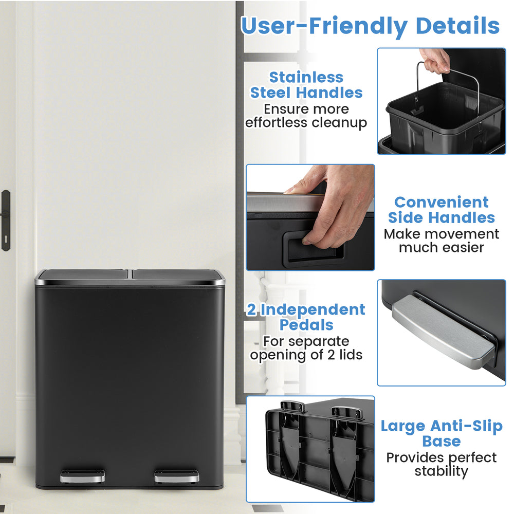 16-gallon dual step trash can in black with stainless steel handles for easy movement and independent pedal operation.