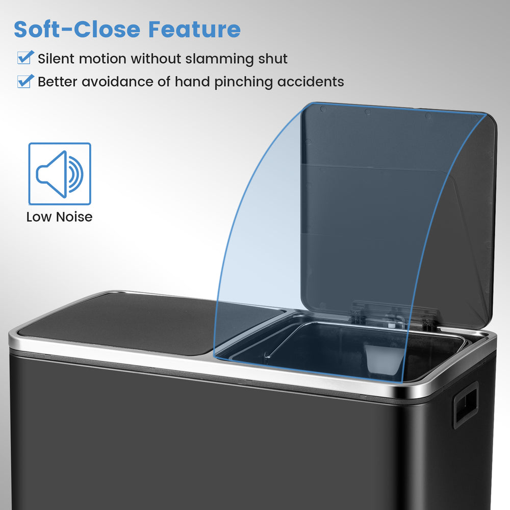 16-gallon black dual step trash can with soft-close lid feature for noiseless operation and improved safety.