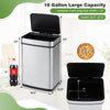 16-gallon silver trash can with infrared motion sensor and dual compartments for efficient waste sorting in kitchens.