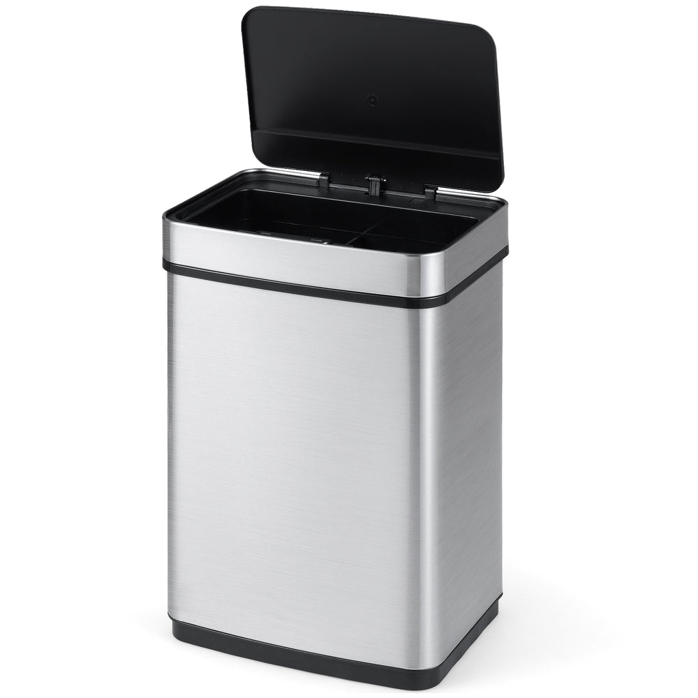 16-gallon silver trash can with infrared motion sensor, dual compartments for waste sorting, and soft-closing lids.