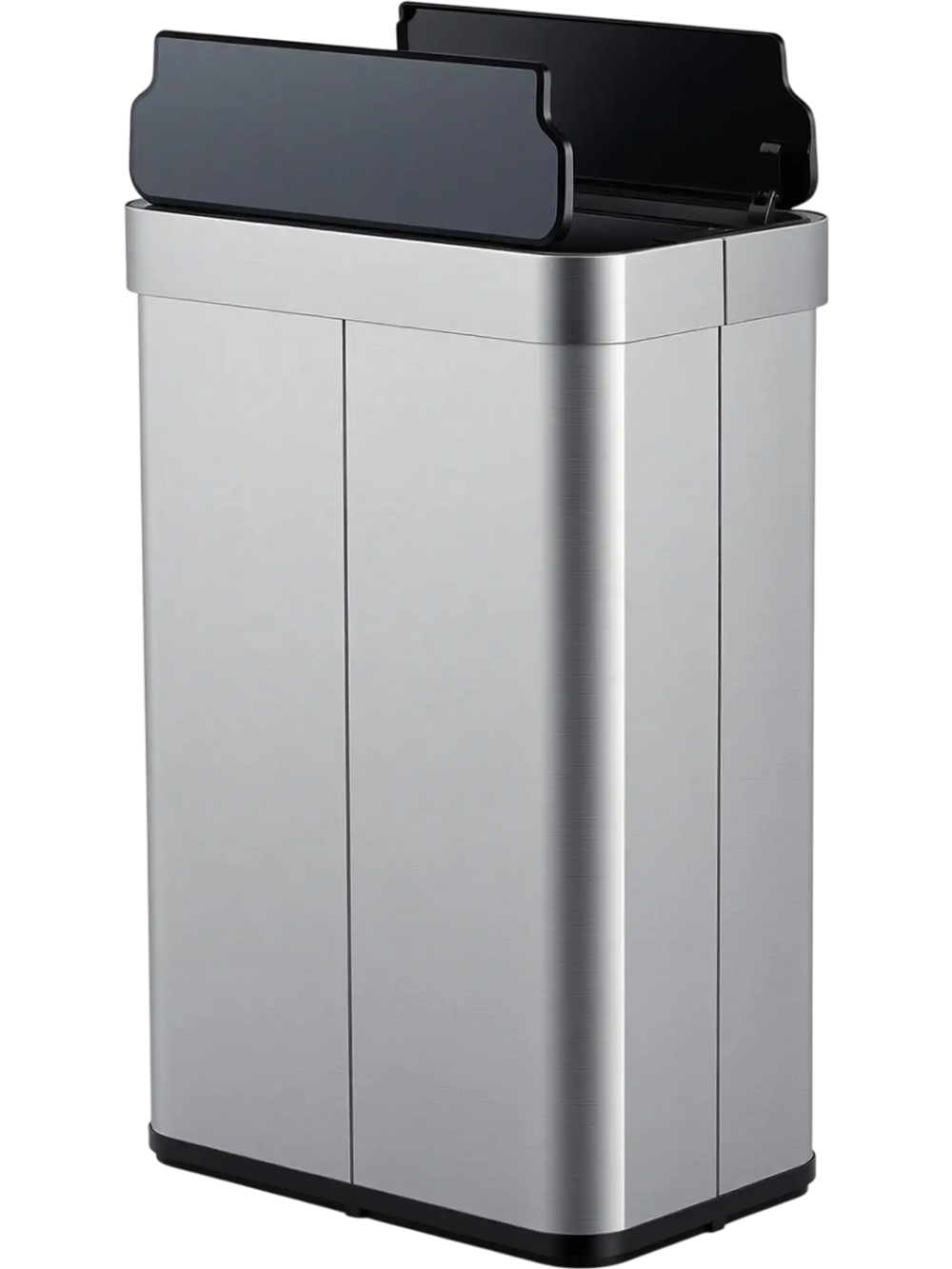 16-gallon silver trash can with wing lids, designed for kitchens and bathrooms, featuring touchless infrared sensor.