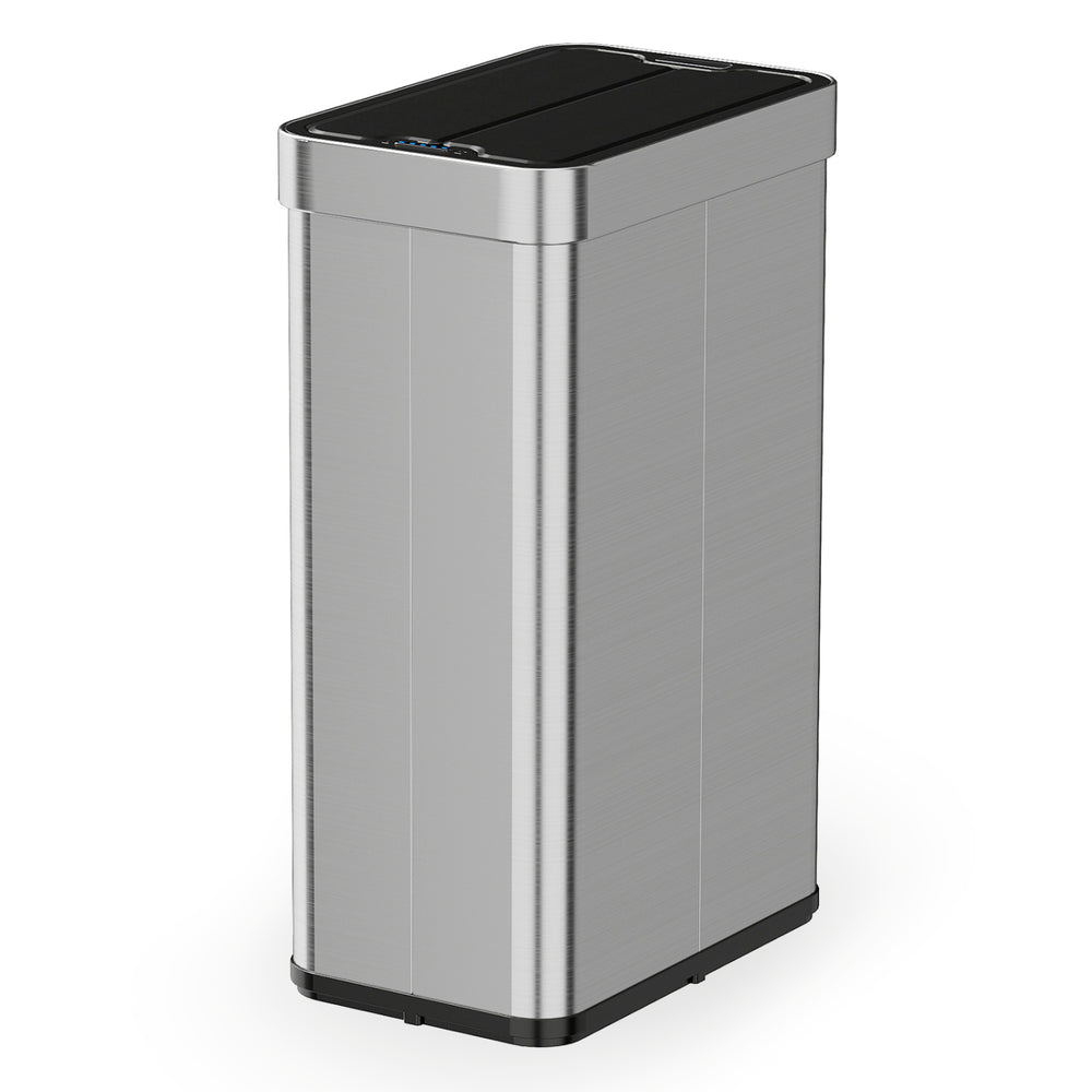 16-gallon silver trash can with wing lids, touchless sensor, and anti-fingerprint finish for efficient waste management.