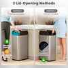 16-gallon silver trash can with wing lids, featuring touchless sensor and manual opening for kitchen or bathroom use.