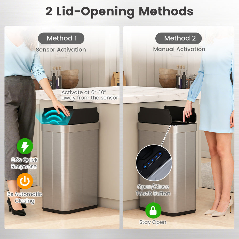 16-gallon silver trash can with wing lids, featuring touchless sensor and manual opening for kitchen or bathroom use.