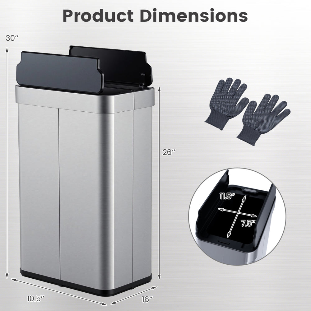 16-gallon silver trash can with wing lids, measuring 30"x16"x10.5", designed for kitchens and bathrooms.