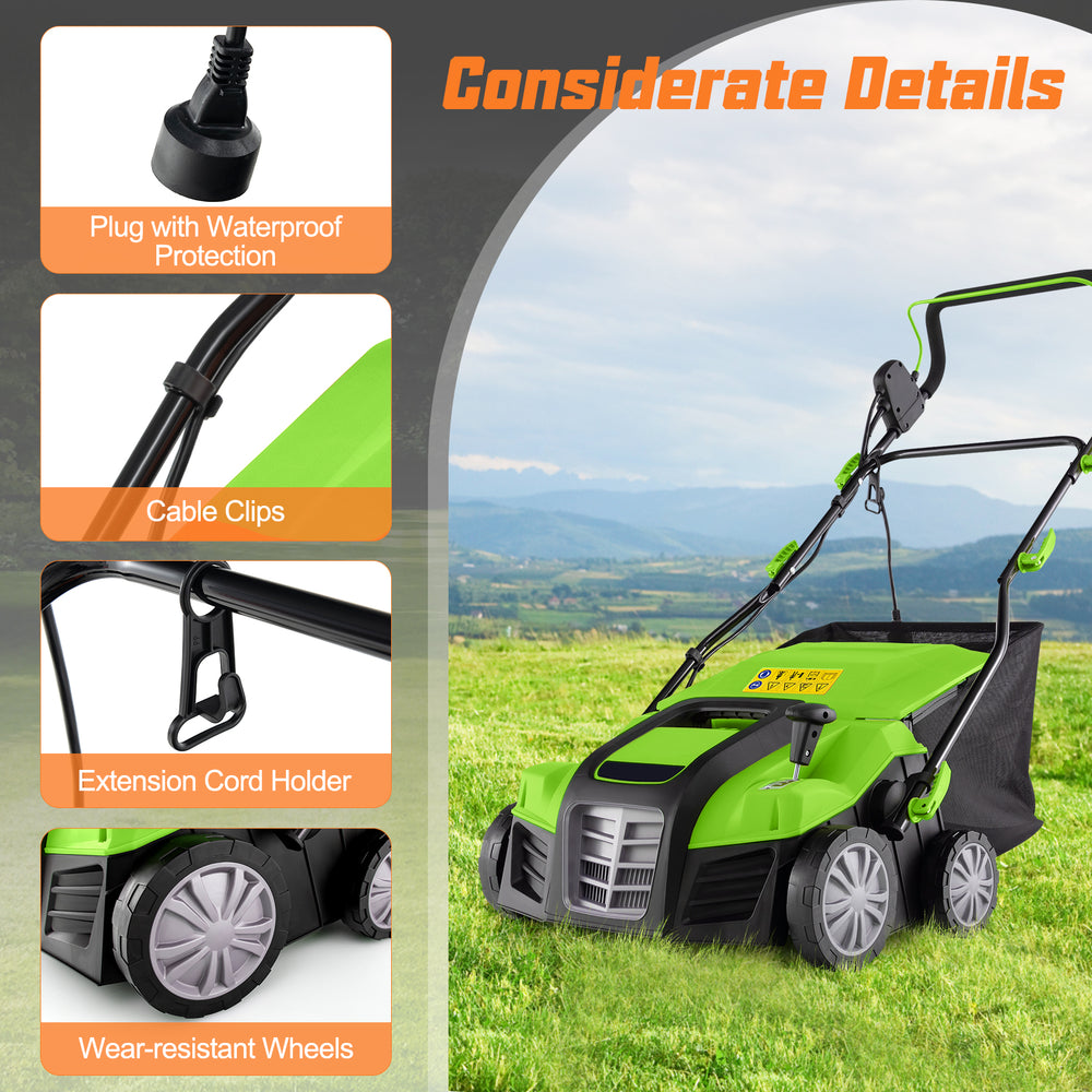 Close-up of the 16-inch electric lawn dethatcher's waterproof plug, cable clips, and wear-resistant wheels for easy use.