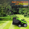 Height-adjustable electric lawn dethatcher with 16-inch width, 3 positions, and collection bag for efficient lawn care.