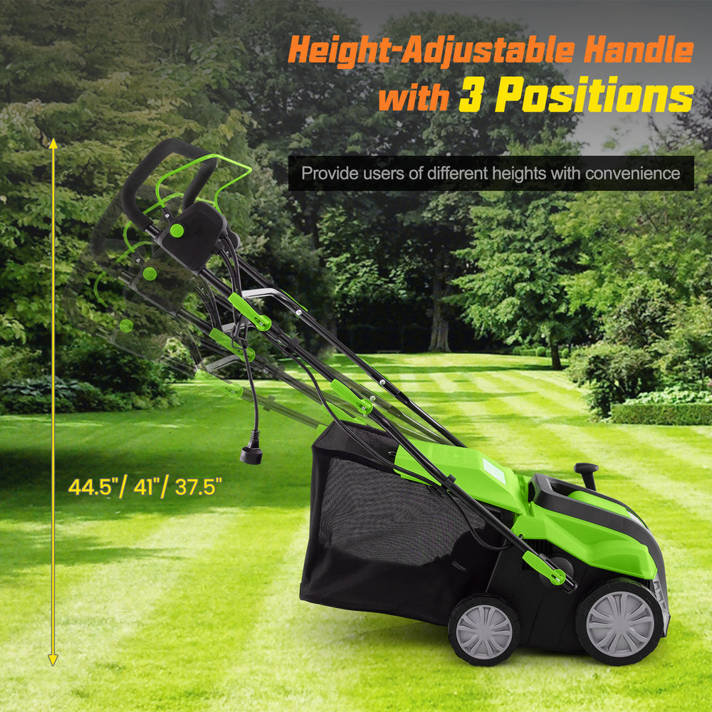Height-adjustable electric lawn dethatcher with 16-inch width, 3 positions, and collection bag for efficient lawn care.