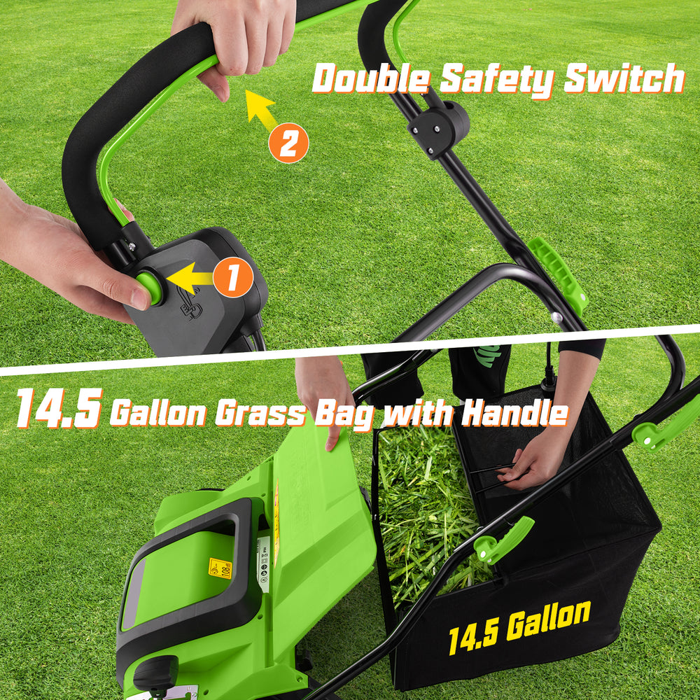 Close-up of the 14.5-gallon grass bag with handle for the 16-inch electric lawn dethatcher, designed for easy.