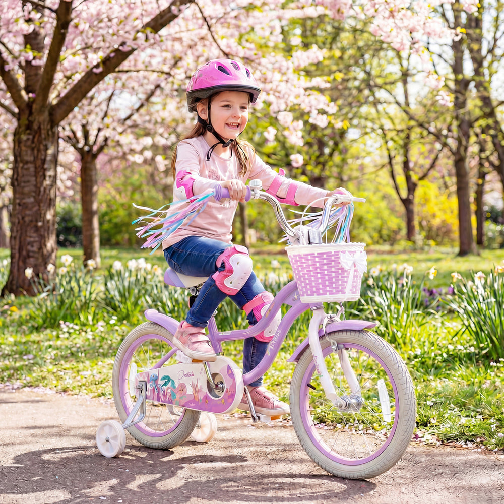 16 Inch Kids Bike Adjustable with Basket and Streamers Purple - Princess of the Sea Theme - Gallery View 1 of 9