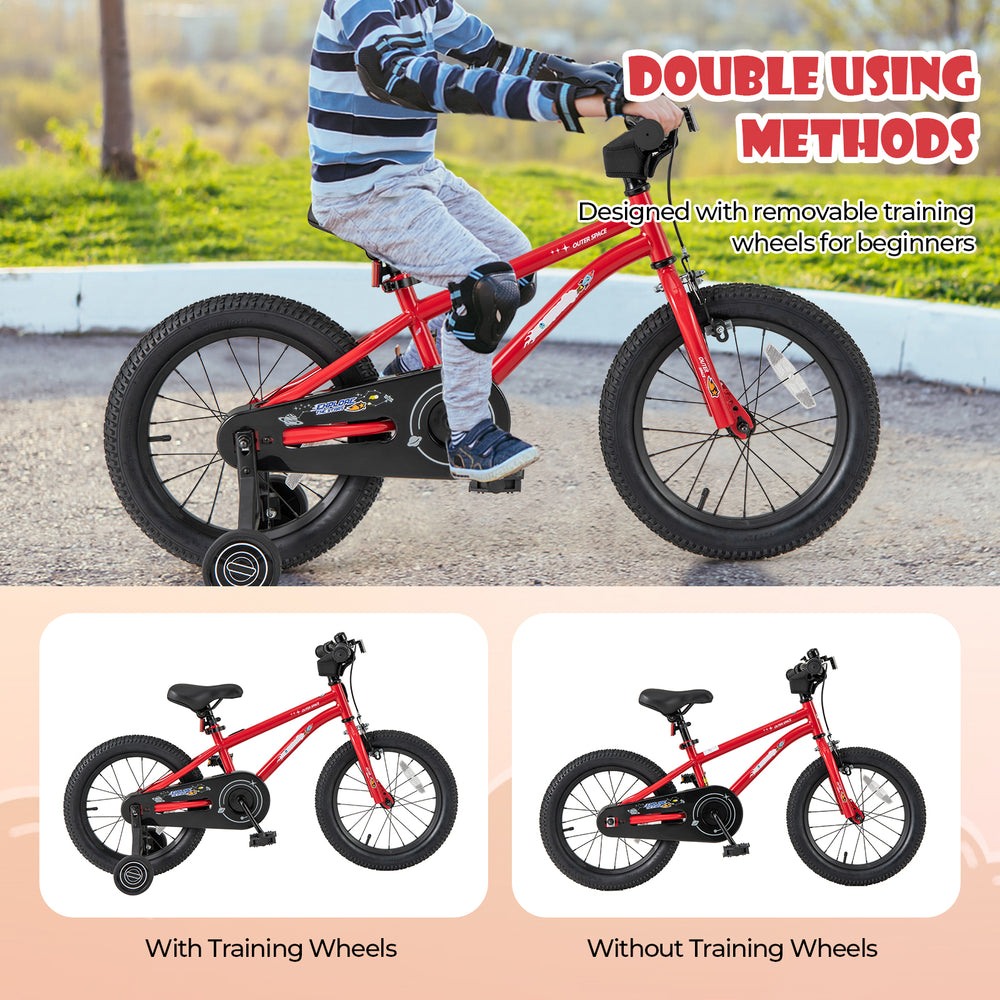 16-inch kids bike with removable training wheels, handbrake, and coaster brake for safe riding, suitable for ages 4-7.