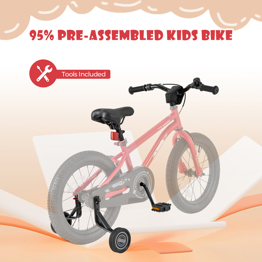 16-inch kids bike with handbrake, coaster brake, and training wheels, designed for ages 4-7, 95% pre-assembled.