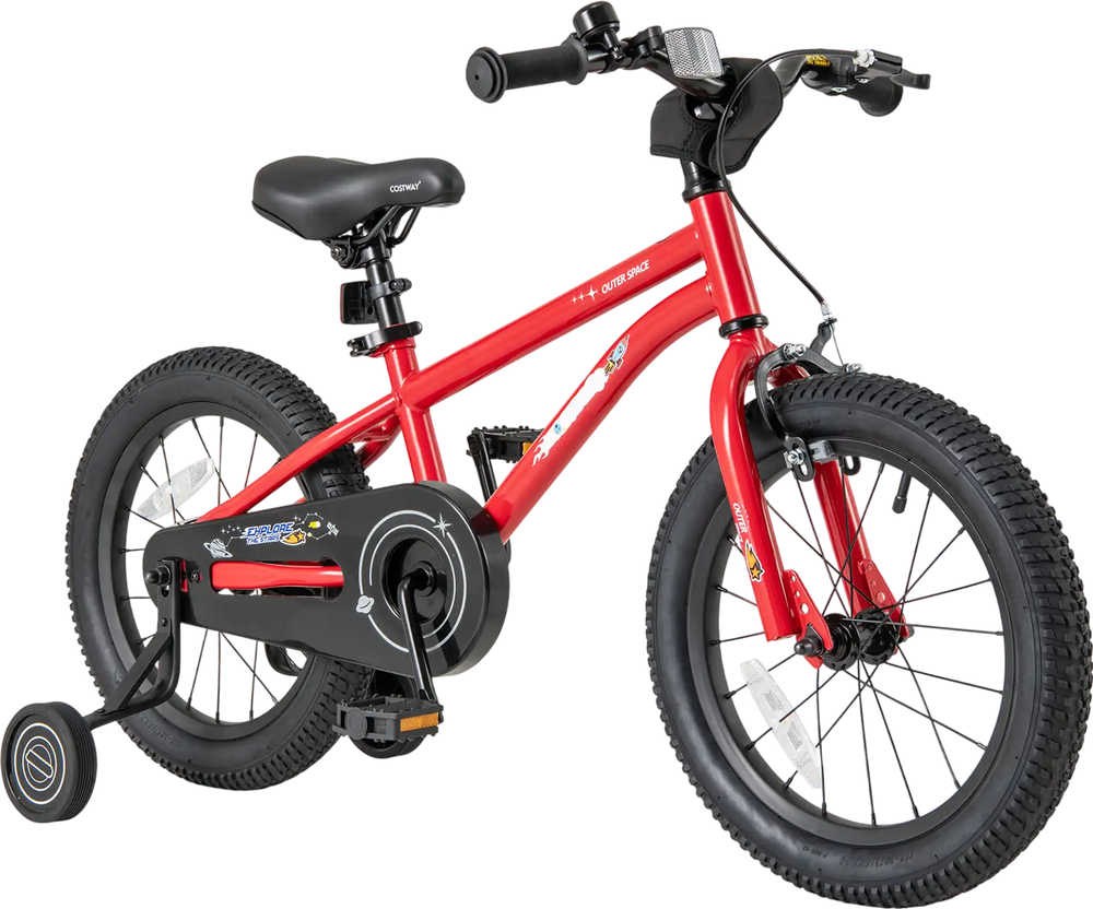 16-inch kids bike in red with handbrake, coaster brake, and removable training wheels for ages 4-7.