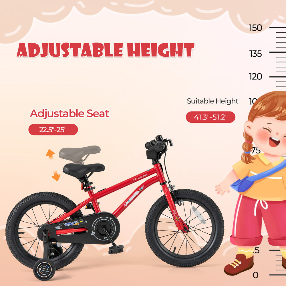 16-inch kids bike with adjustable seat height, dual brake system, and removable training wheels for ages 4-7.