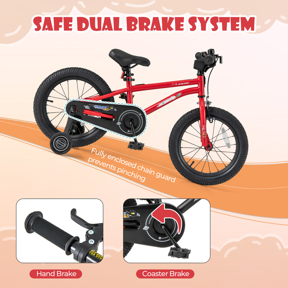 16-inch kids bike with hand brake, coaster brake, and adjustable seat, designed for ages 4-7, featuring training wheels.