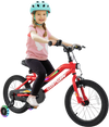 16-inch kids bike in red with LED lights, adjustable seat, and training wheels, perfect for children aged 4-7 years.