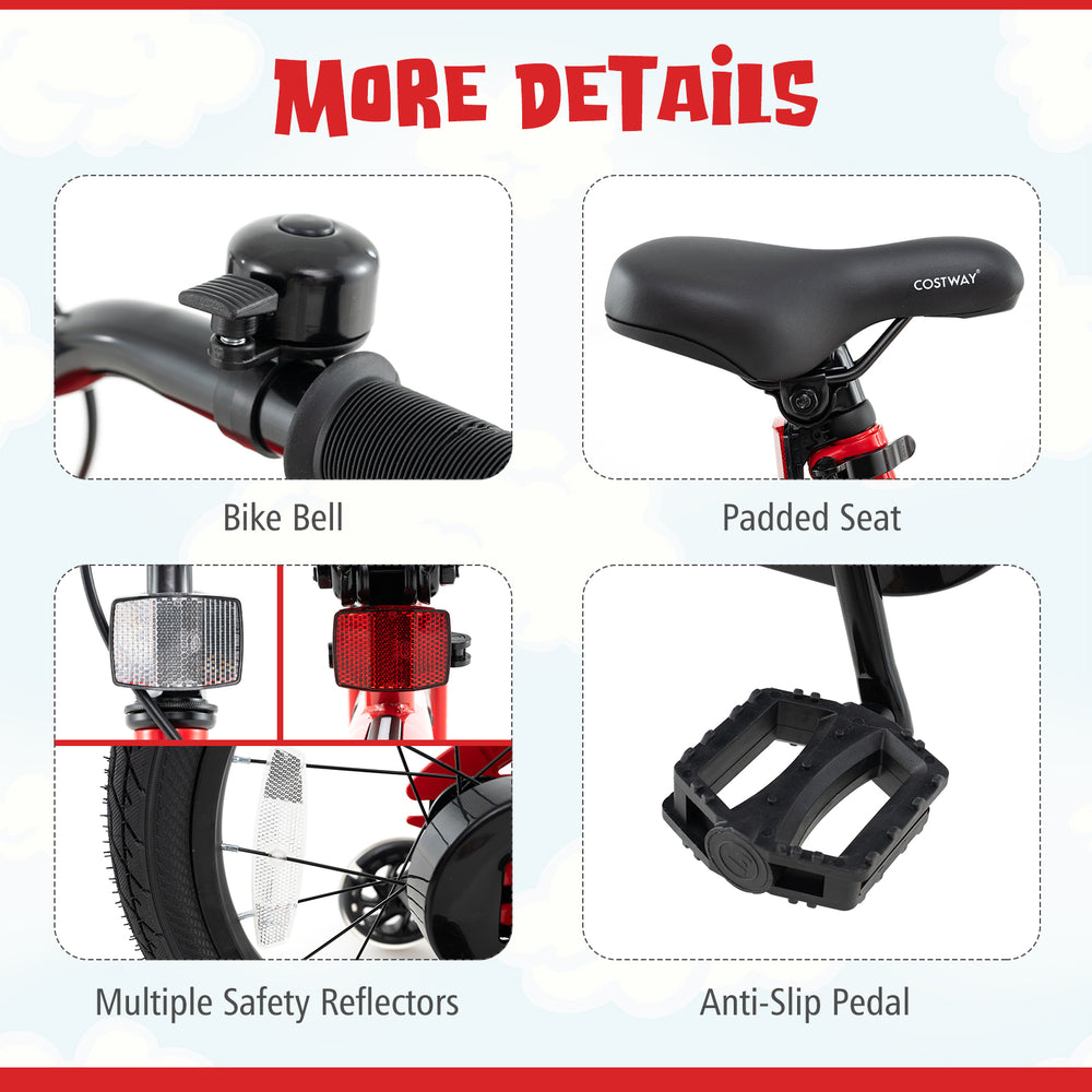 Close-up of the padded seat, anti-slip pedal, bike bell, and safety reflectors on the 16-inch kids bike for ages 4-7.