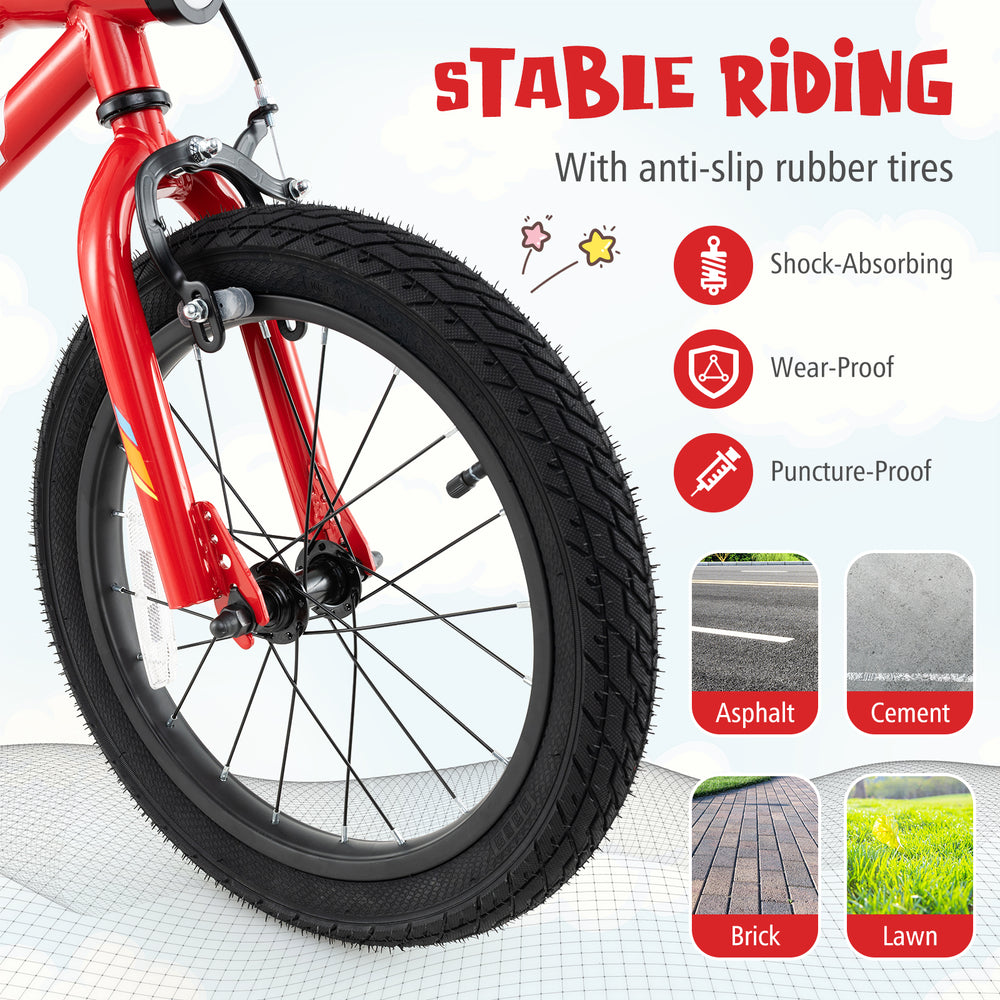 Close-up of the 16-inch kids bike tire featuring anti-slip, shock-absorbing rubber for stable riding on various.