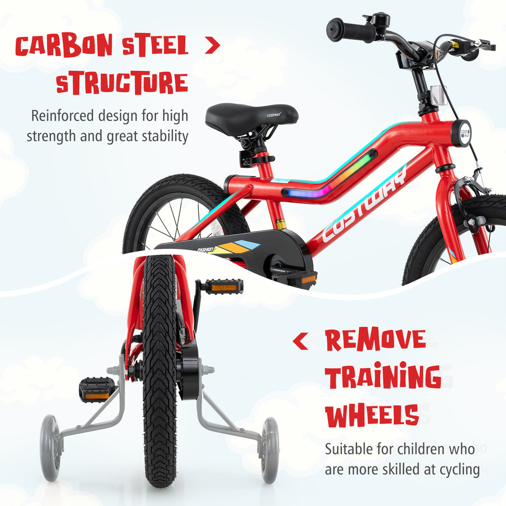 16-inch kids bike with carbon steel structure, LED lights, adjustable seat, and removable training wheels for skilled.