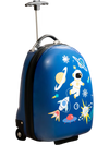 Blue 16-inch kids carry-on luggage with astronaut design, hard shell, wheels, and adjustable handle for easy travel.