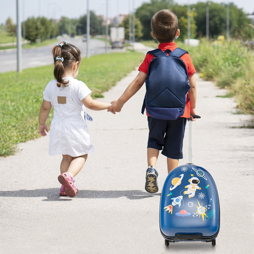 Kids walking with a blue 16-inch hard shell carry-on luggage, featuring fun space-themed stickers, perfect for travel.