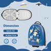 Kids carry-on luggage suitcase in blue with wheels, featuring a hard shell, 5-gallon capacity, and adjustable handle.