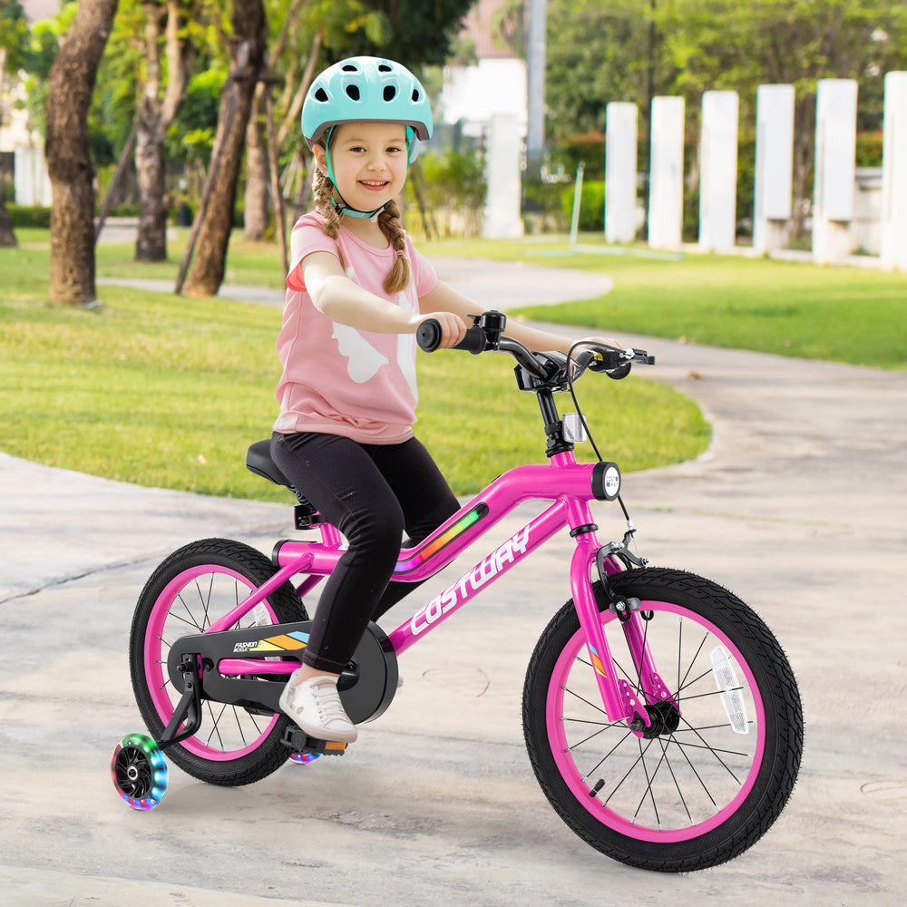 16-inch pink kids bike with training wheels, LED lights, and adjustable seat, perfect for ages 4-7 for safe riding.