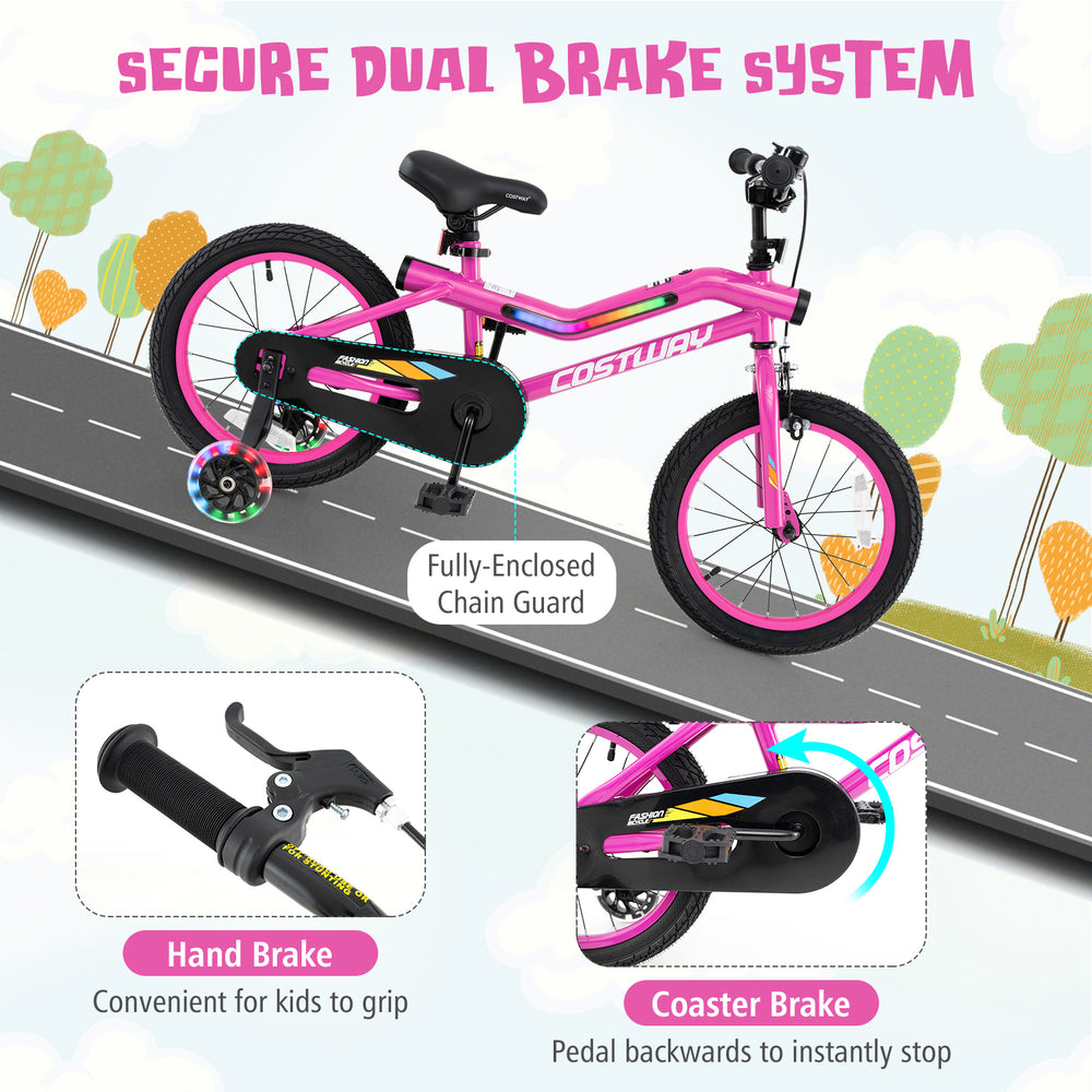 16-inch pink kids bike with training wheels, featuring a hand brake, coaster brake, and LED lighted details for safety.