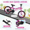 16-inch pink kids bike with training wheels, featuring a hand brake, coaster brake, and LED lighted details for safety.