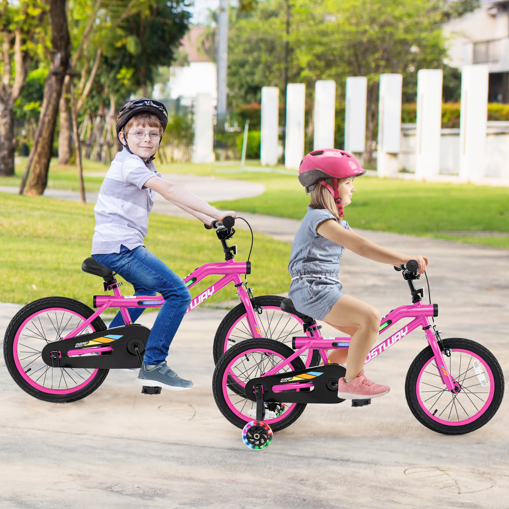 Kids riding the 16-inch LED lighted bike with training wheels, featuring a bright headlight and adjustable seat for.