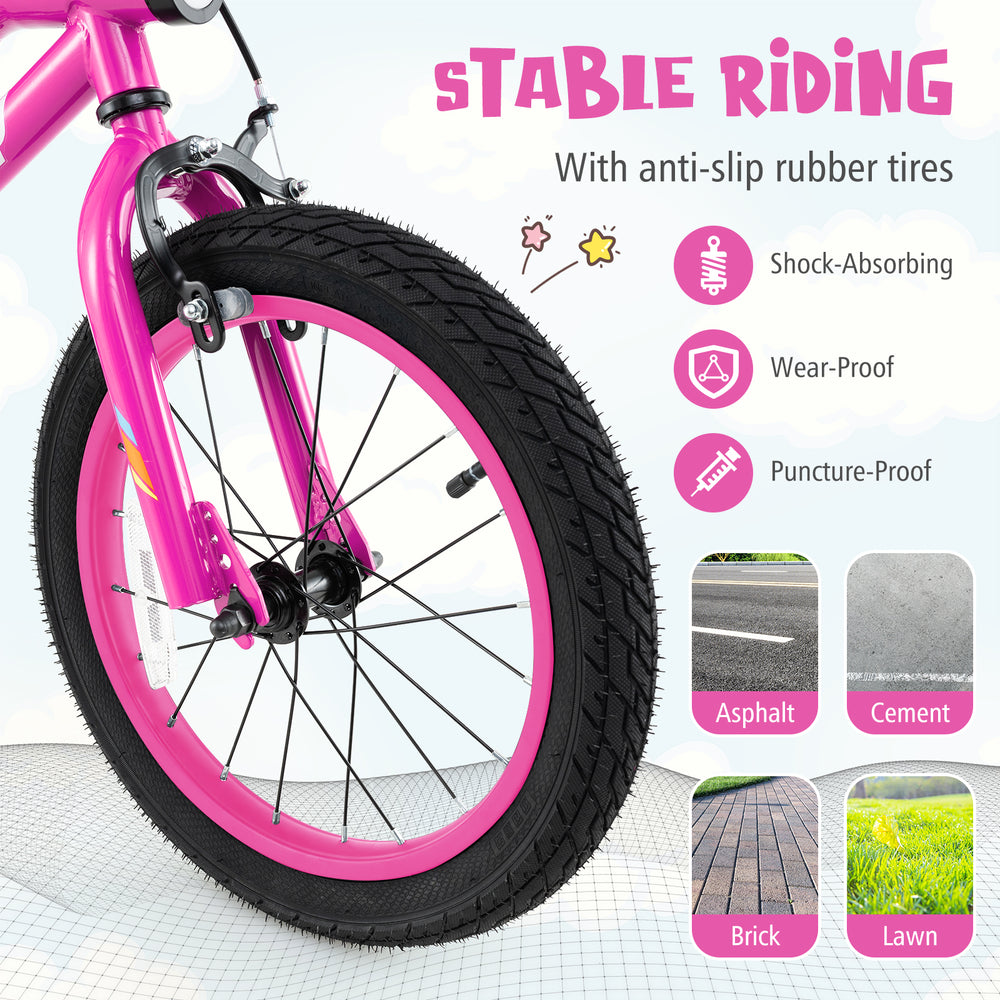 Close-up of the 16-inch kids bike tire featuring anti-slip, shock-absorbing, puncture-proof rubber for stable riding.