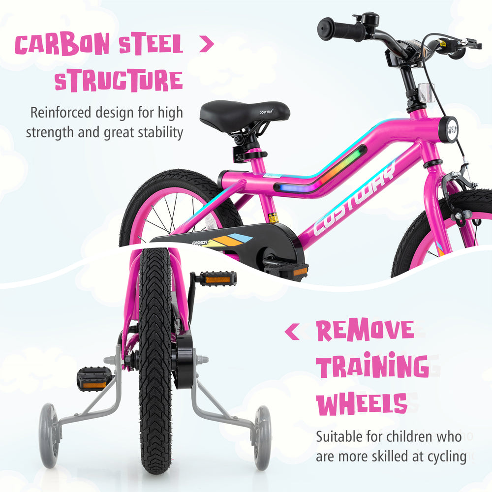 16-inch kids bike with carbon steel structure, LED lights, and removable training wheels for ages 4-7 years.
