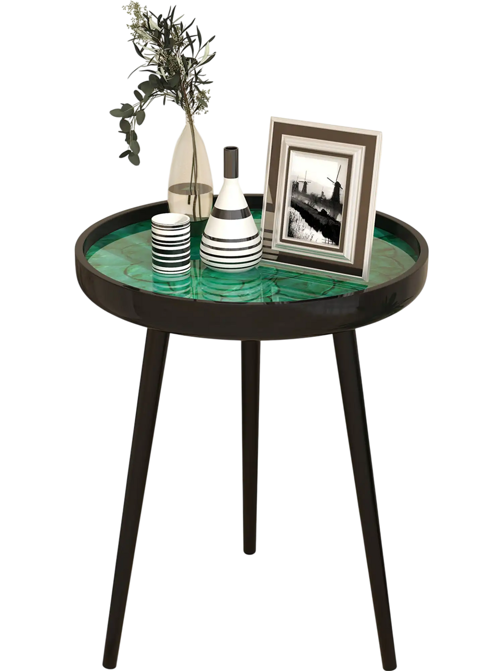 Mid-century modern coffee end table with green sea shell decoration, epoxy resin finish, and sturdy mahogany wood legs.