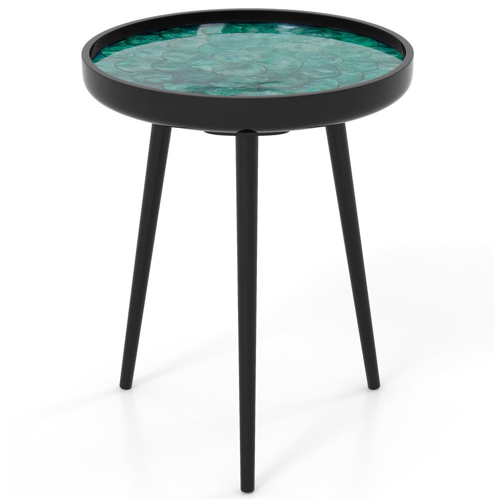Mid-century modern coffee end table with a sea shell decorative top and sturdy mahogany wood legs, perfect for any.