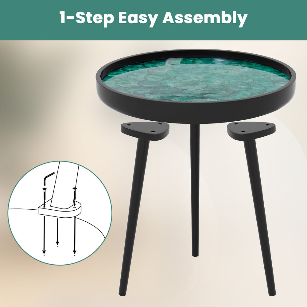Mid-century modern coffee end table with sea shell decoration and sturdy mahogany legs, featuring easy 1-step assembly.