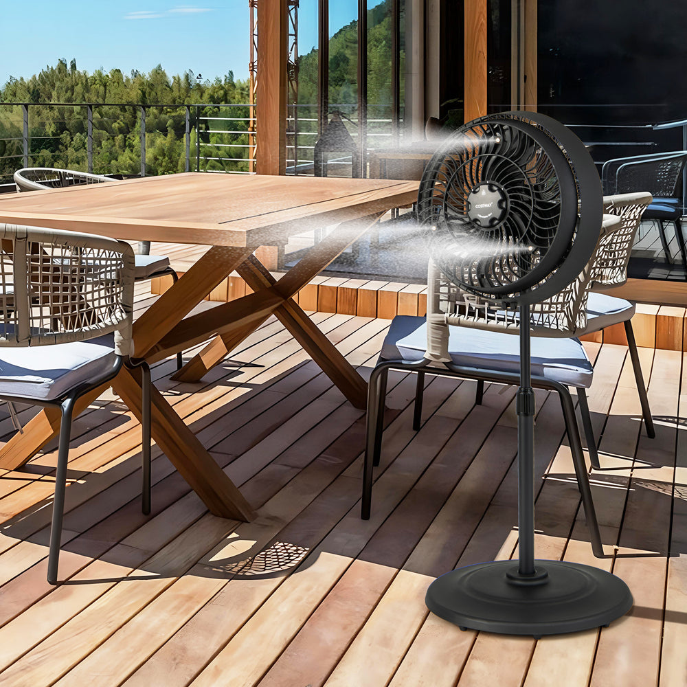16-inch black oscillating pedestal misting fan with adjustable height, placed on a patio for outdoor cooling.