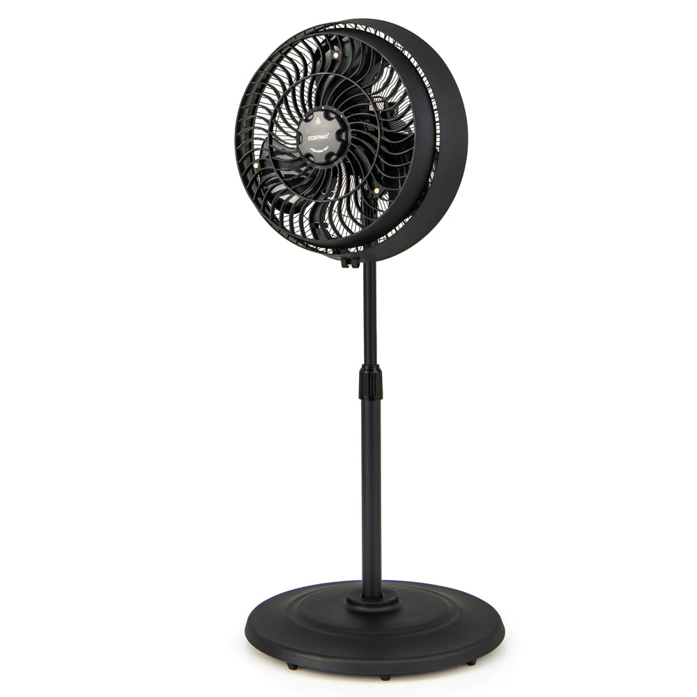 16-inch oscillating pedestal fan in black with adjustable height, 3 mist levels, and 90° oscillation for outdoor use.