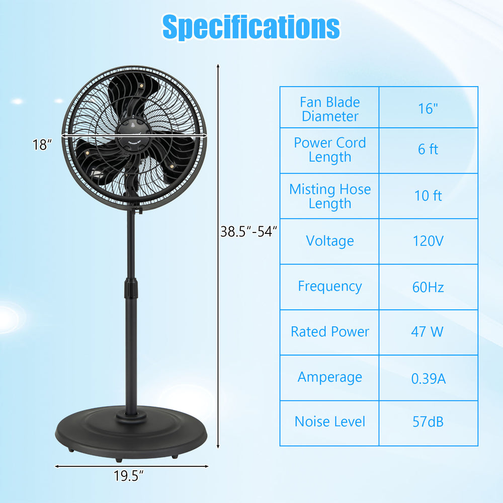 16-inch oscillating pedestal fan with adjustable height, 3 mist levels, and 90° oscillation for outdoor comfort.