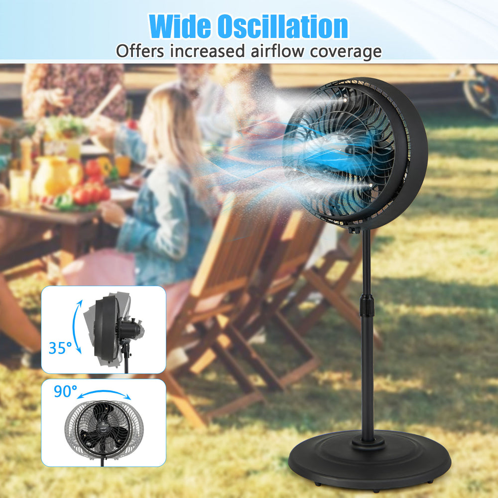 16-inch oscillating pedestal fan in black with misting feature, ideal for outdoor use in patios and gardens.