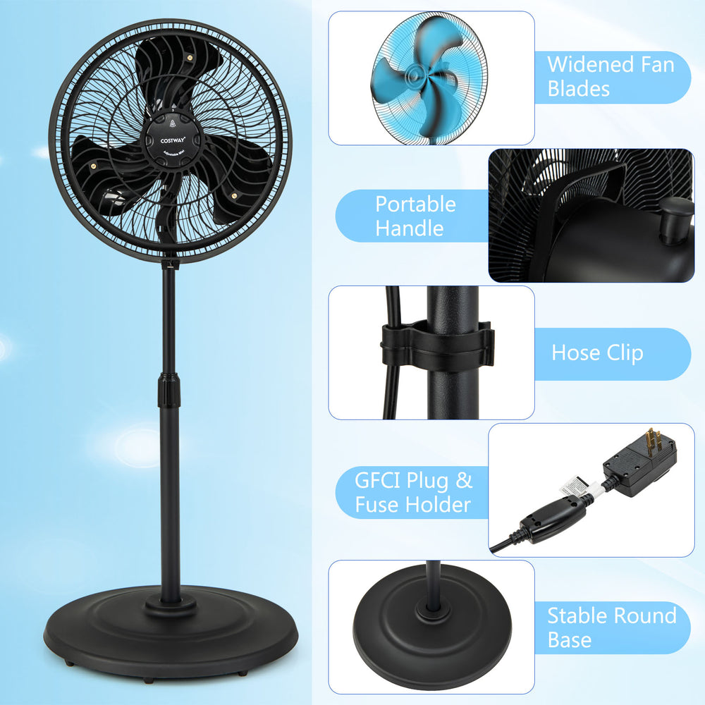 16-inch oscillating pedestal fan in black with adjustable height, 3 mist levels, and stable round base for outdoor use.