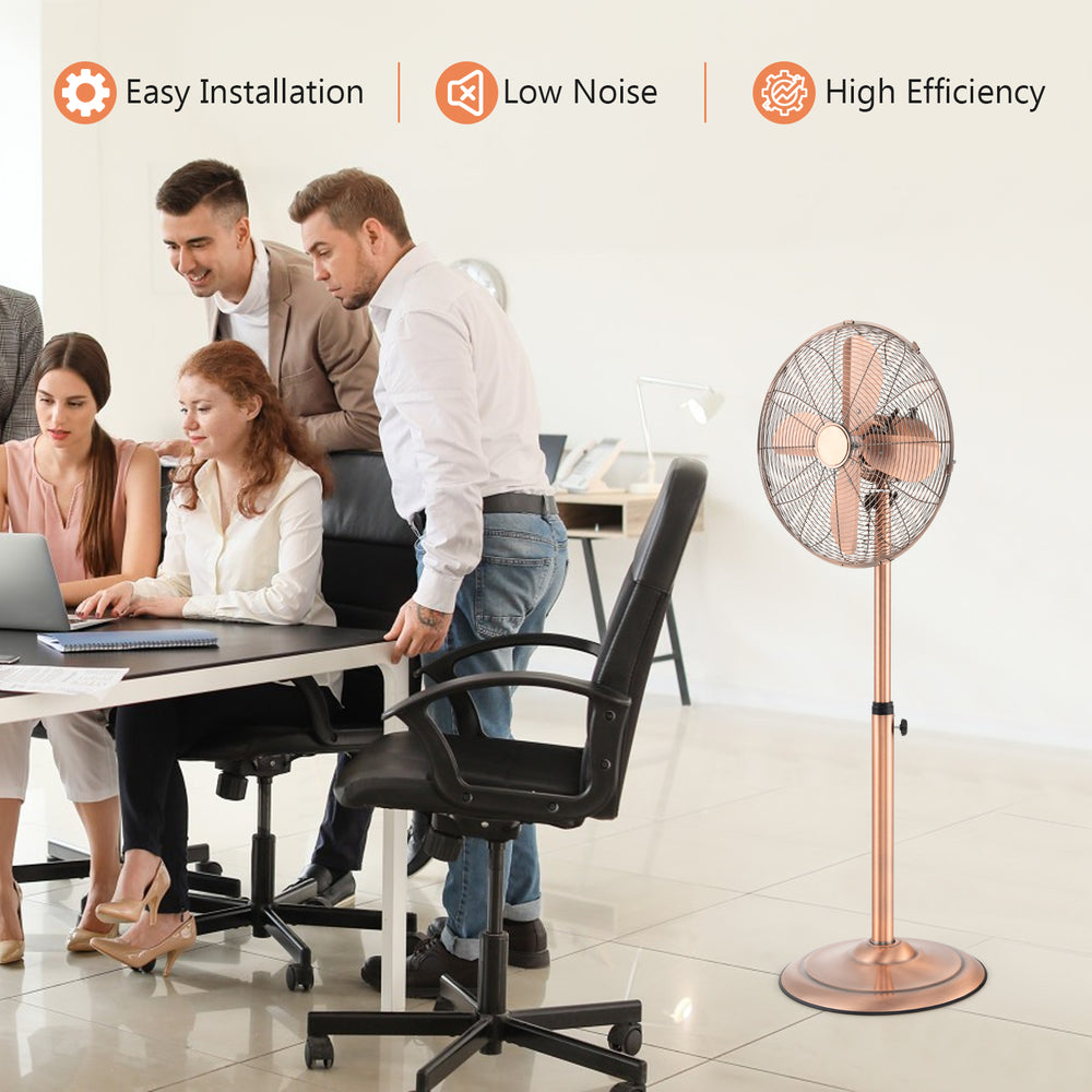 16-inch copper pedestal fan with adjustable height, 3 speeds, and 75° oscillation for efficient cooling in any room.