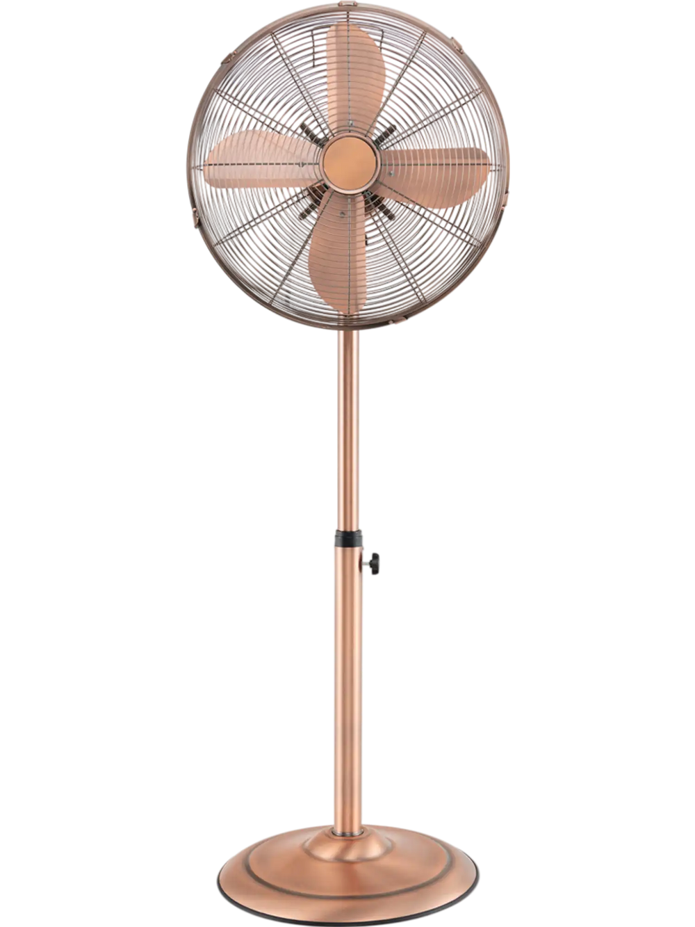 16-inch copper pedestal fan with adjustable height, 3 speeds, and 75° oscillation for effective air distribution.