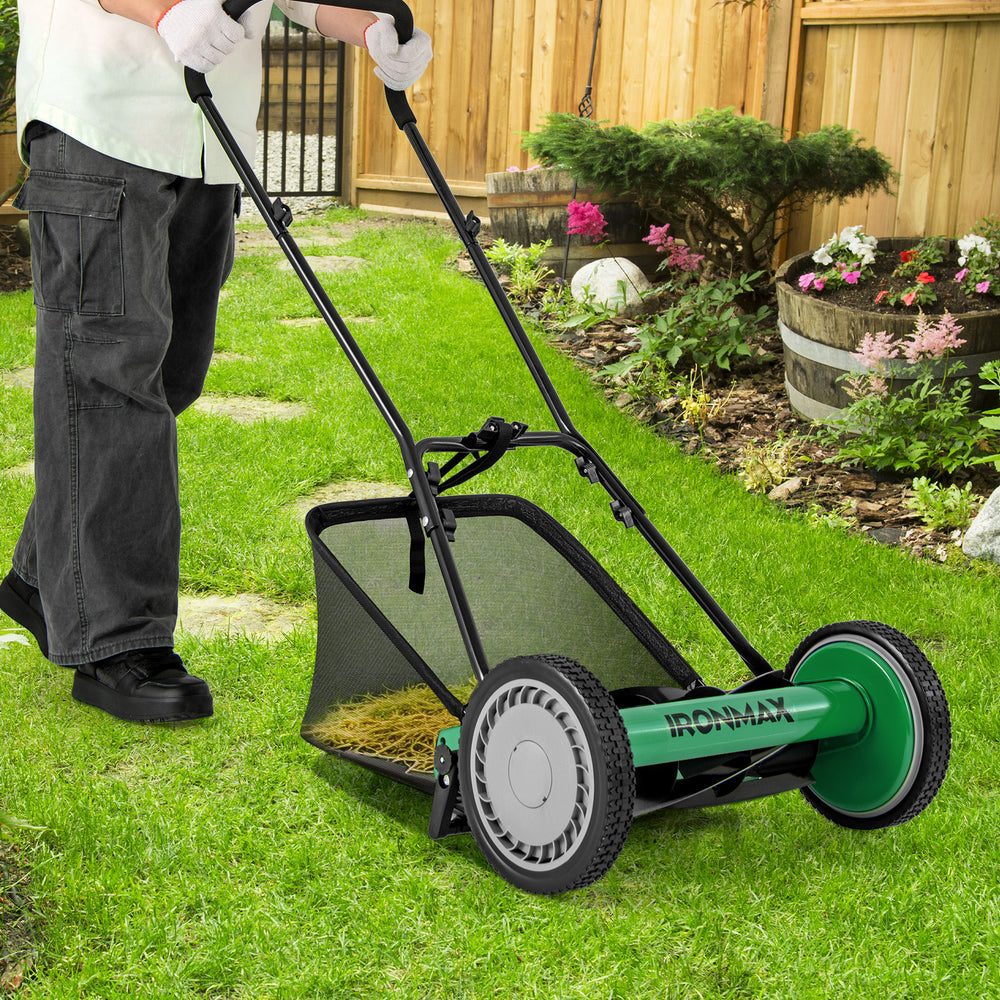 16 Inch Push Lawn Mower with 5 Steel Blades and Grass Catcher Bag-Green - Gallery View 1 of 10