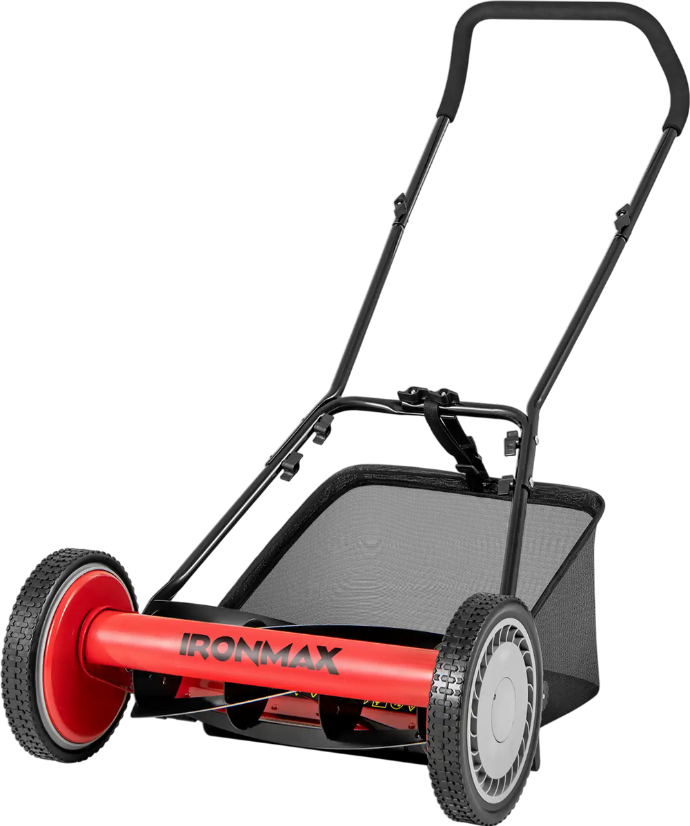 16-inch push lawn mower with 5 steel blades and detachable grass catcher bag for efficient lawn care.