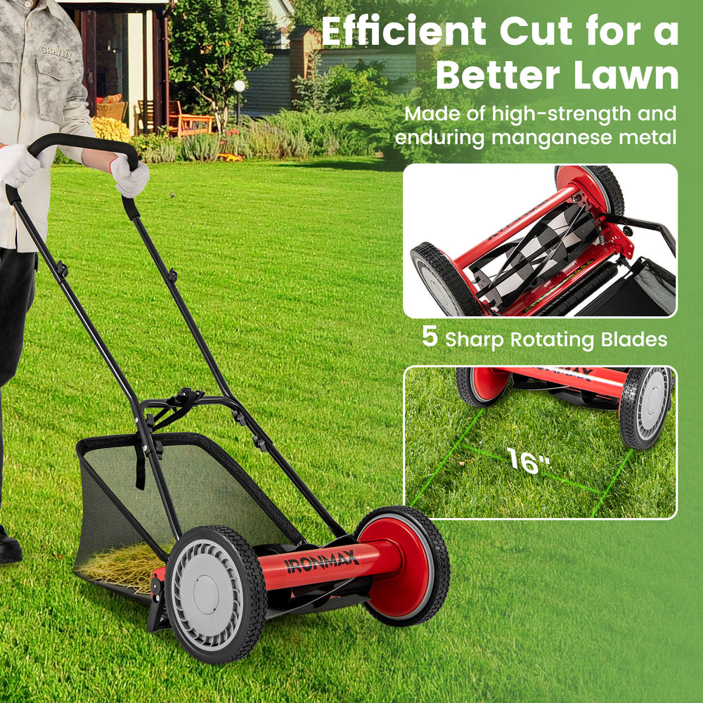 16-inch push lawn mower with 5 steel blades and grass catcher bag, designed for efficient grass cutting and easy.