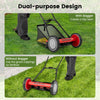 16-inch push lawn mower with 5 steel blades, shown with and without grass catcher bag for versatile lawn care.